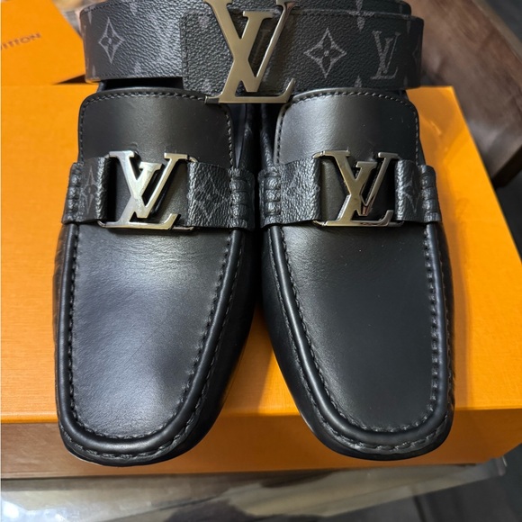 Louis Vuitton Black Leather Loafers with Monogram Accent - Picture 1 of 7